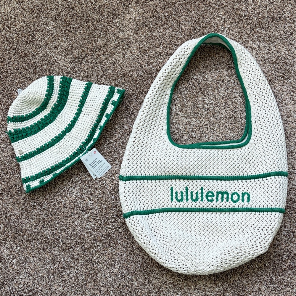 lululemon Cream & Green Crochet Hat and Tote Set • NWT